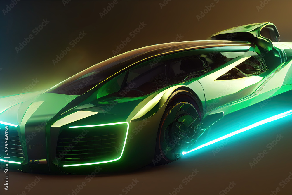 Naklejka premium Green Cyberpunk Sports Car. Kit Designs for Vehicle. Race Car. Rally, Adventure Vehicle. Concept Art Scenery. Book Illustration. Video Game Scene. Serious Digital Painting. CG Artwork Background. 