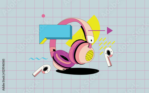 Sound recording of the program. Set of podcast elements vector. Headphones in the style of the 90s on the background. in the style of a flat with geometric elements. Isolated objects.