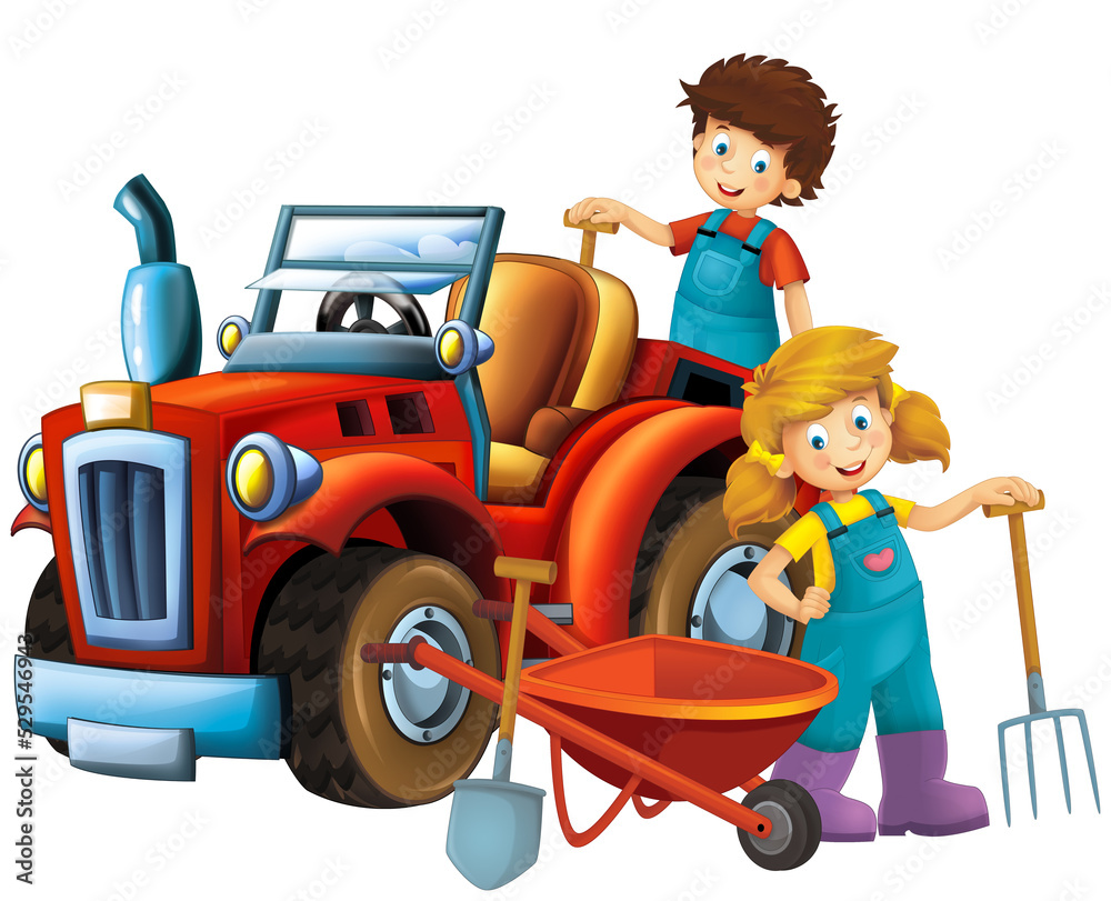 cartoon scene with farmer girl and boy near the tractor isoalated illustration for children