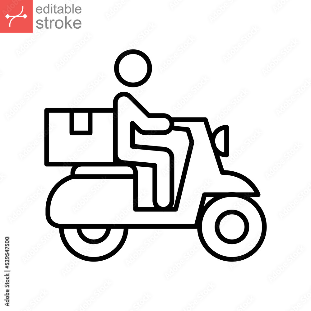 Delivery bike line icon. Shipping male riding motorcycle. Express ground postal Service by scooter, Track trace processing status. Editable stroke Vector illustration Design on white background EPS 10