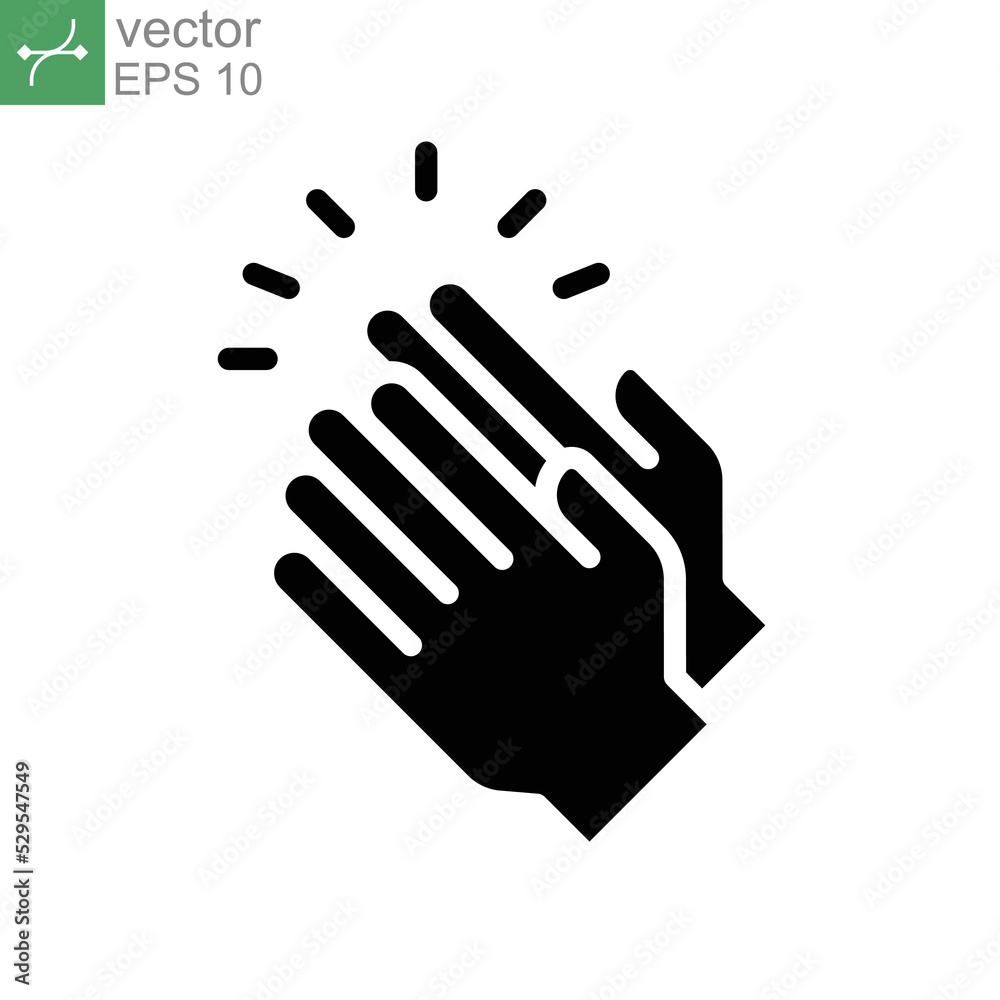 Applause glyph icon. Clapping Hands Cheers slap. Celebration hand gesture. Audience slam. Applauding or ovation applause gesture making noise. Vector illustration. Design on white background. EPS 10 Applause glyph icon. Clapping Hands Cheers slap. Celebration hand gesture. Audience slam. Applauding or ovation applause gesture making noise. Vector illustration. Design on white background. EPS 10