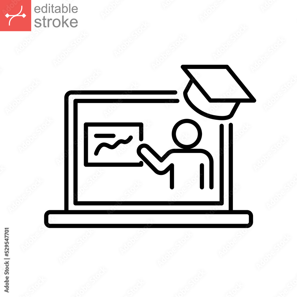 online teaching line icon. Online tutor Presentation screen. virtual education or distance training, webinar conference meeting. Editable stroke Vector illustration. Design on white background. EPS 10 online teaching line icon. Online tutor Presentation screen. virtual education or distance training, webinar conference meeting. Editable stroke Vector illustration. Design on white background. EPS 10