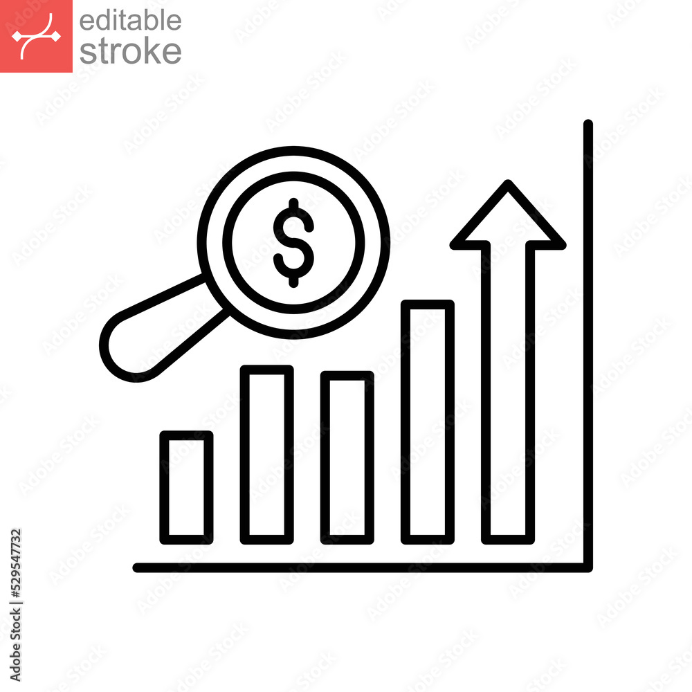 Sales forecasting outline icon. Analytics financial, business analysis. magnifying glass, bar graph observation budget estimate. Editable stroke Vector illustration Design on white background EPS 10 Sales forecasting outline icon. Analytics financial, business analysis. magnifying glass, bar graph observation budget estimate. Editable stroke Vector illustration Design on white background EPS 10