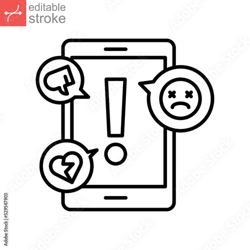 cyber bullying line icon. Abuse, internet harassment, hate and bully concept. Social media insult. Sad face Victim Online gossip. Editable stroke vector illustration design on white background. EPS 10