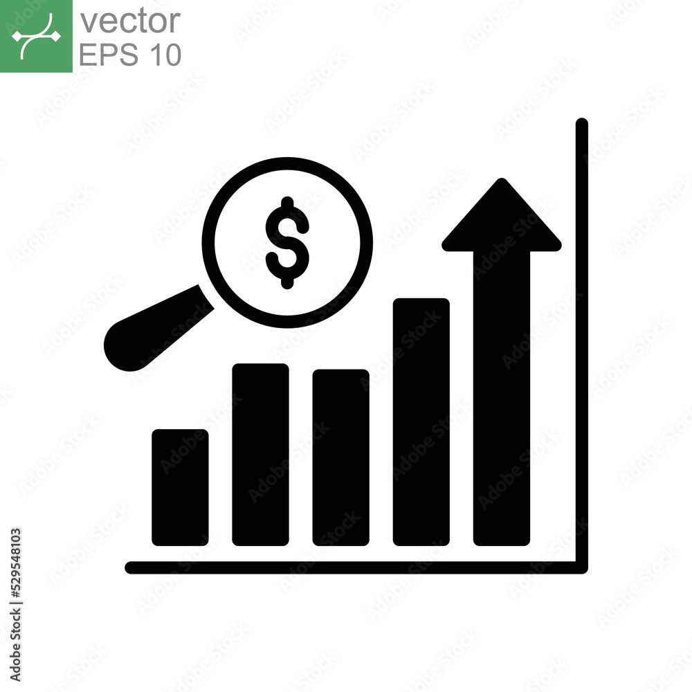 Sales forecasting solid icon. Analytics financial, business analysis. Magnifying glass, bar graph observation budget estimate. Flat pictogram. Vector illustration. Design on white background EPS 10 Sales forecasting solid icon. Analytics financial, business analysis. Magnifying glass, bar graph observation budget estimate. Flat pictogram. Vector illustration. Design on white background EPS 10