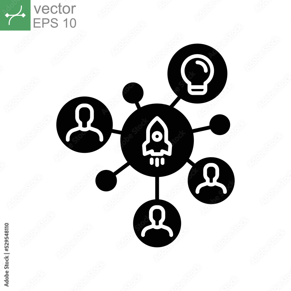 Startup hub glyph icon. Rocket launch and group networking for business startup incubator. Online crowdfunding, entrepreneurship. Flat pictogram. vector illustration design on white background EPS 10 Startup hub glyph icon. Rocket launch and group networking for business startup incubator. Online crowdfunding, entrepreneurship. Flat pictogram. vector illustration design on white background EPS 10