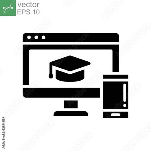 Online education platform glyph icon. Virtual learning concept, graduation cap on laptop display. Mobile learning. Home education. vector illustration design on white background. EPS 10