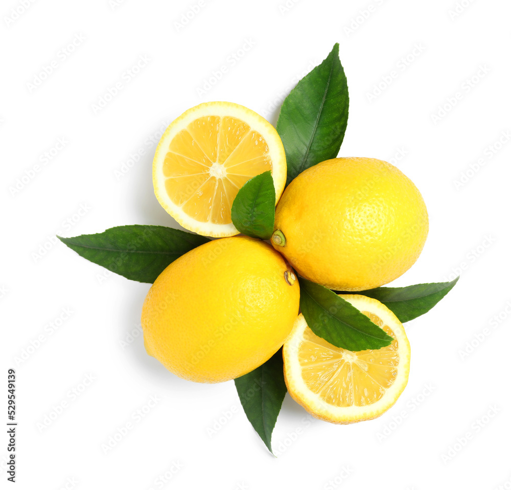 Fresh ripe lemons with leaves on white background, top view