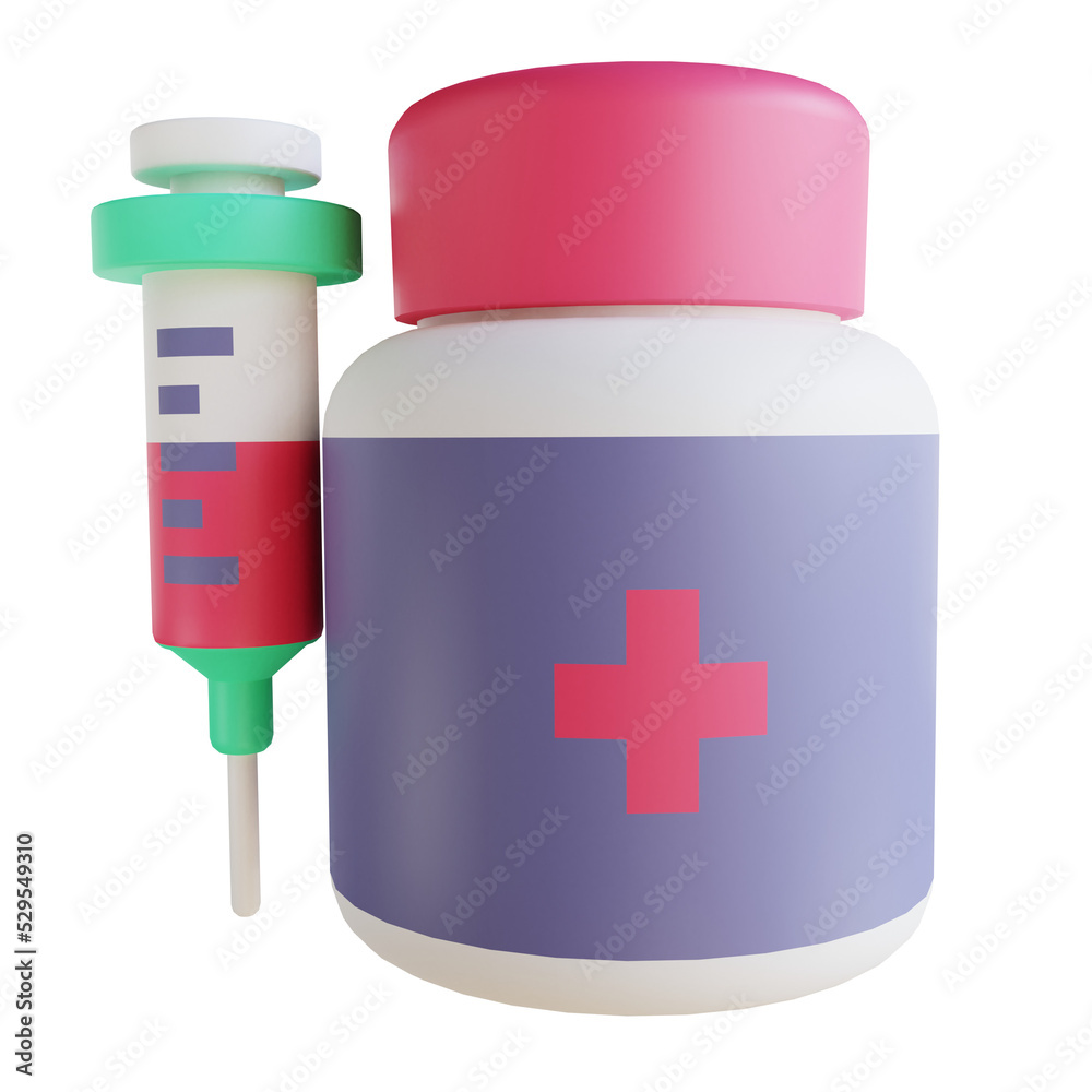 Obraz premium 3D illustration syringe and medicine bottle suitable for medical