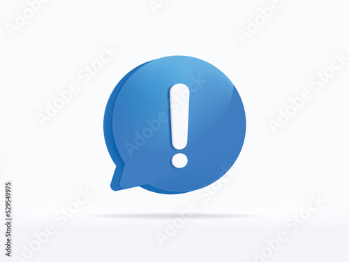 Blue notification warning icon attention sms sign and internet message illustration isolated on white background with web communication symbol element. 3D rendering. 