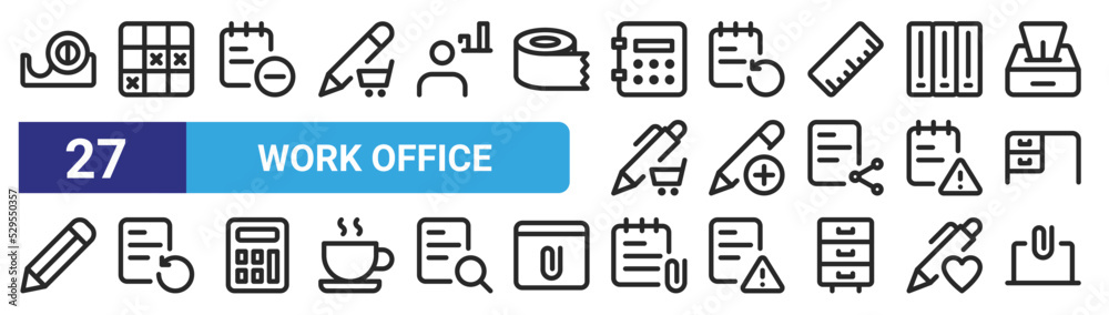 set of 27 outline web work office icons such as tape dispenser, schedule, notebook, notebook, pencil, paper, paper clip, laptop vector thin icons for web design, mobile app. set of 27 outline web work office icons such as tape dispenser, schedule, notebook, notebook, pencil, paper, paper clip, laptop vector thin icons for web design, mobile app.