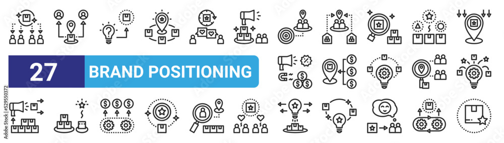 set of 27 outline web brand positioning icons such as perception, market, , competitor, success, unique, startup, identity vector thin icons for web design, mobile app.