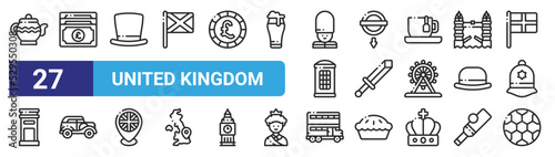 set of 27 outline web united kingdom icons such as teapot, pound sterling, top hat, , sword, car, double decker, soccer vector thin icons for web design, mobile app.