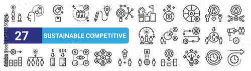 set of 27 outline web sustainable competitive icons such as advantage, loyalty, quality, market positioning, share, competitive, product, long term vector thin icons for web design, mobile app.