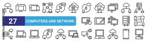set of 27 outline web computers and network icons such as internet, workstation, responsive, cloud computing, pen tablet, smartphone, sharing file, desktop computer vector thin icons for web design,