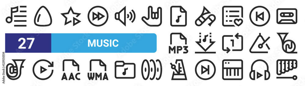 set of 27 outline web music icons such as playlist, pick, favourite, trombone, download, forward, metronome, xylophone vector thin icons for web design, mobile app. set of 27 outline web music icons such as playlist, pick, favourite, trombone, download, forward, metronome, xylophone vector thin icons for web design, mobile app.