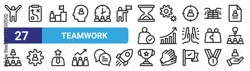 set of 27 outline web teamwork icons such as stick man, tactic, goal, cogwheel, diagram, cogwheel, trophy, value vector thin icons for web design, mobile app.