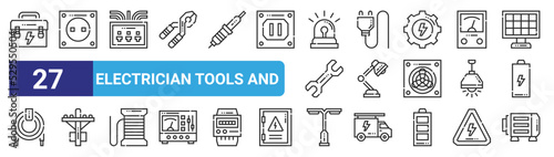 set of 27 outline web electrician tools and icons such as tool box, socket, fuse box, plug, table lamp, electric pole, street lamp, electric motor vector thin icons for web design, mobile app.