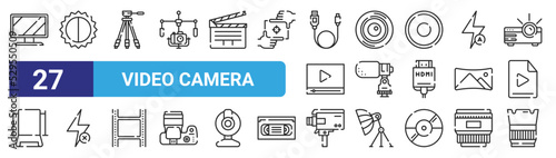 set of 27 outline web video camera icons such as tv monitor, brightness and contrast, camera tr, lens, microphone, flash off, super, parasol vector thin icons for web design, mobile app.