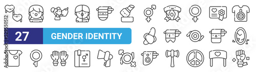 set of 27 outline web gender identity icons such as respect, mtf, love, worldwide, pansexual, demigirl, intersexual, fist vector thin icons for web design, mobile app. photo