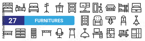set of 27 outline web furnitures icons such as canopy bed, chest of drawers, double bed, mirror, armchair, shelves, ceiling light, wardrobe vector thin icons for web design, mobile app.