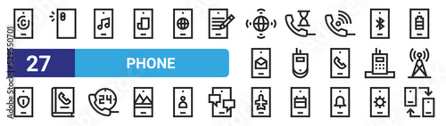 set of 27 outline web phone icons such as fingerprint, smartphone, music player, phone, mobile phone, book, smartphone, vector thin icons for web design, mobile app.