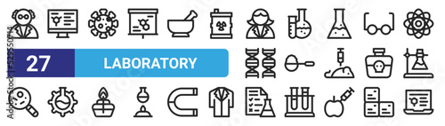 set of 27 outline web laboratory icons such as scientist, science, bacteria, laboratory, spoon, lab, report, science vector thin icons for web design, mobile app.