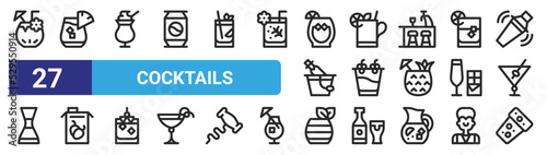set of 27 outline web cocktails icons such as coconut drink, cocktail, cocktail, cocktail, juice, cork vector thin icons for web design, mobile app.