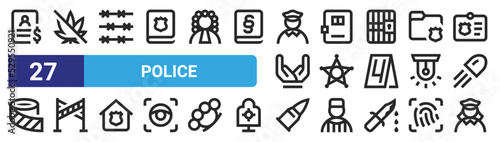 set of 27 outline web police icons such as wanted, no drugs, barbed wire, jail, sheriff, police line, ammunition, policewoman vector thin icons for web design, mobile app.