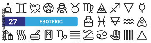 set of 27 outline web esoteric icons such as bell, gemini, voodoo, all seeing eye, pisces, fire, incense burner, fire vector thin icons for web design, mobile app.