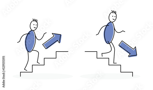 Stickman walking stairs up and stairs down symbol. Vector illustration of stick figure doing upstairs and downstairs.