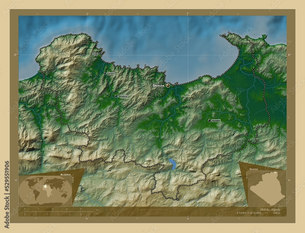 Skida Map Skikda, Algeria. Physical. Labelled points of cities Stock Illustration ...