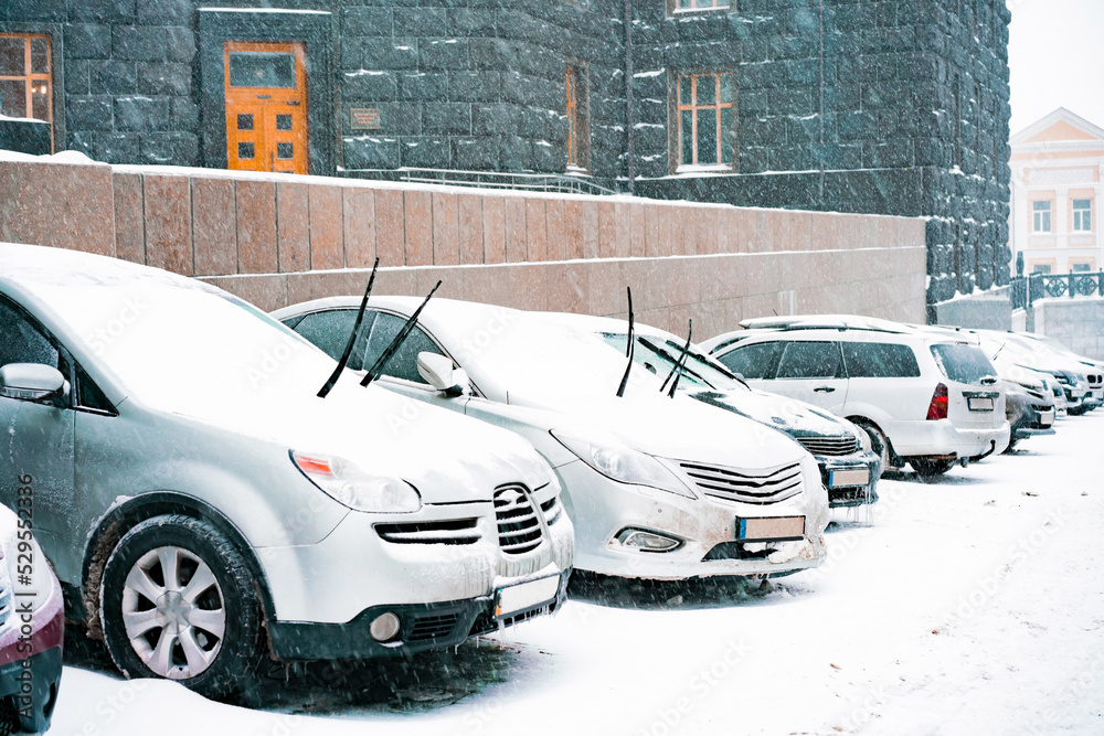 A row of cars covered in snow with lifted wipers up stands near the building on a snowy day. Heavy. Infrastructure. Stationary. No People. Residential. Bad. Temperature. Icy. Snowy. Deep. Problem A row of cars covered in snow with lifted wipers up stands near the building on a snowy day. Heavy. Infrastructure. Stationary. No People. Residential. Bad. Temperature. Icy. Snowy. Deep. Problem