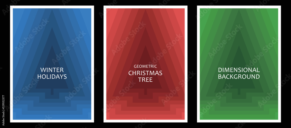 Set of geometric Christmas tree design in three colors -blue, red, and green.  Applicable to poster, brochure, greeting card, invite, web banner, etc. Clipping mask used, easy to re-size.