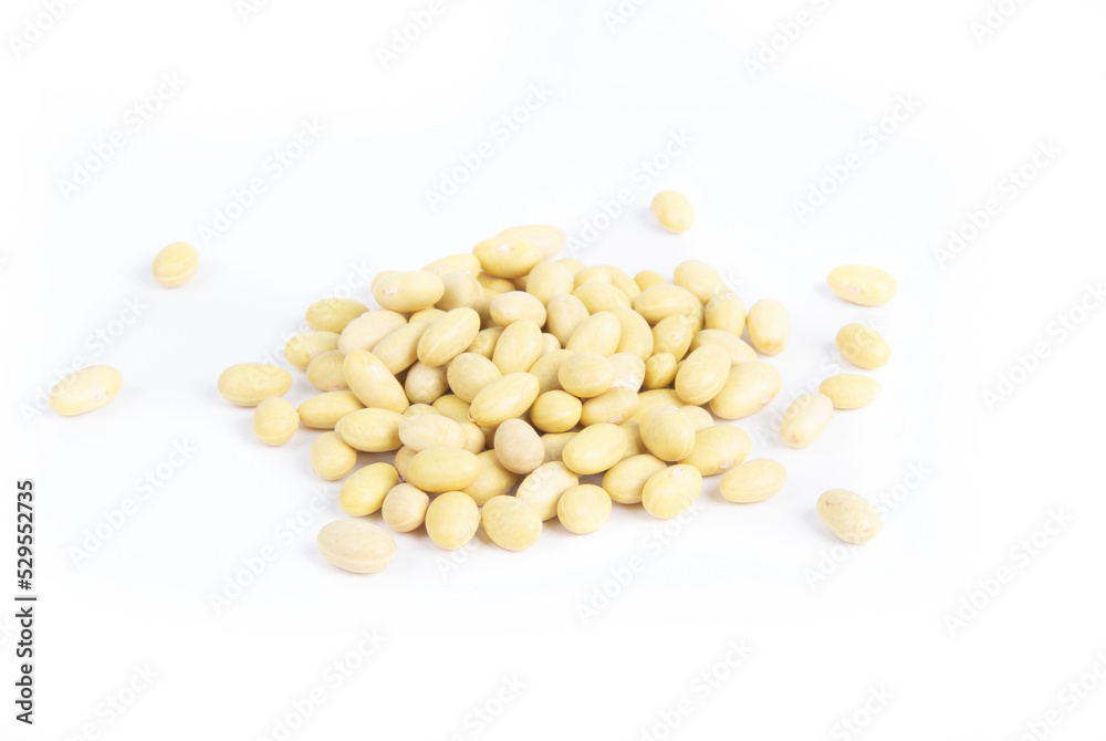 Peruvian Canary Beans Isolated on White Background in Side View with Scattered Beans Peruvian Canary Beans Isolated on White Background in Side View with Scattered Beans
