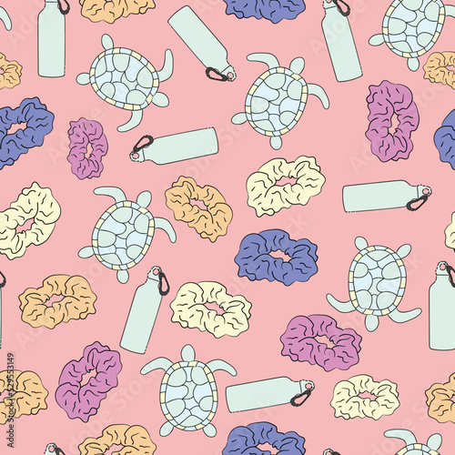 And I Oop Meme Seamless Pattern background with sea turtles, scrunchies and water bottles. Trendy and hip pastel rainbow aesthetic for vsco girls
