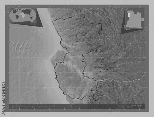 Bengo, Angola. Grayscale. Labelled points of cities photo