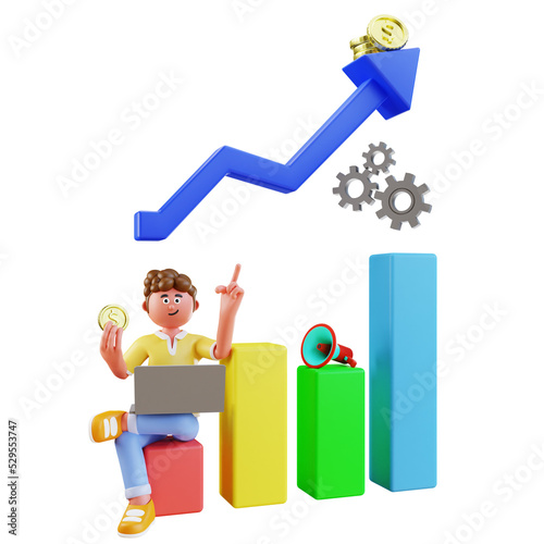 3d character person doing digital marketing with graph