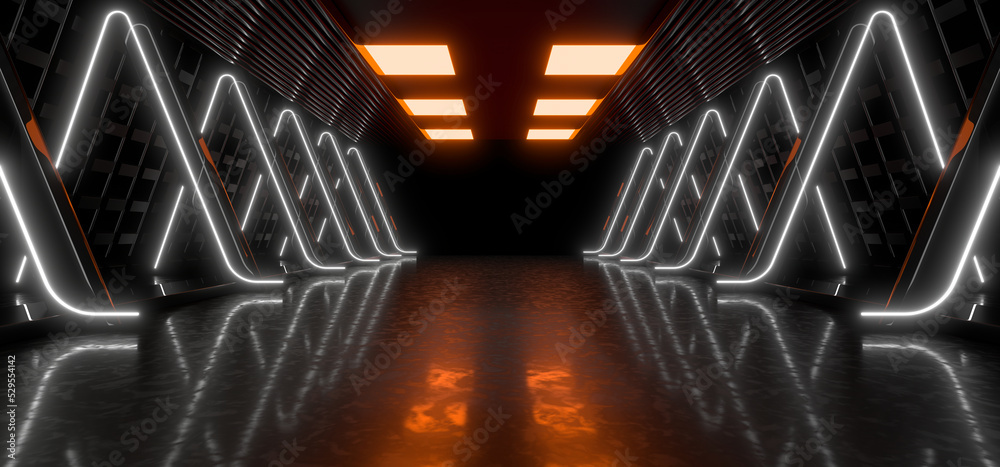 Sci Fy neon lamps in a dark corridor. Reflections on the floor and walls. 3d rendering image.
