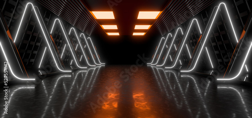 Obraz na płótnie Sci Fy neon lamps in a dark corridor. Reflections on the floor and walls. 3d rendering image. w salonie