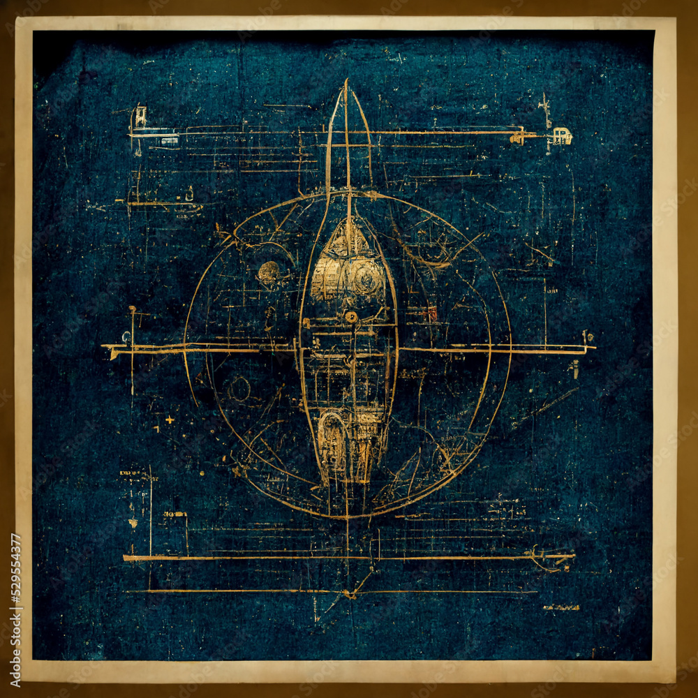 Naklejka premium steampunk style spaceship blueprint sketch plan drawing