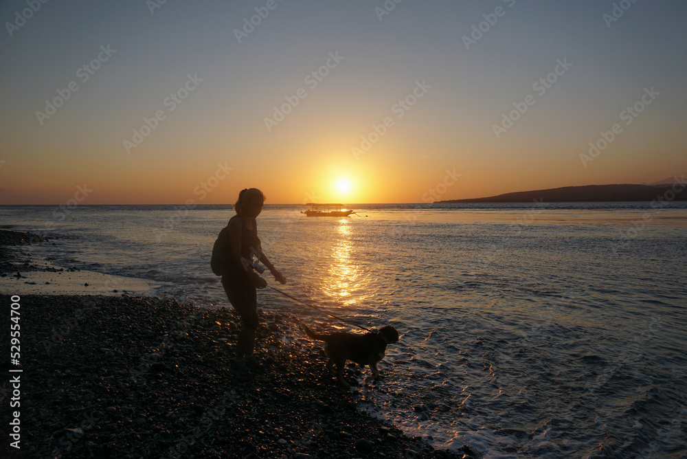 A Woman playing at the beach with the dogs.