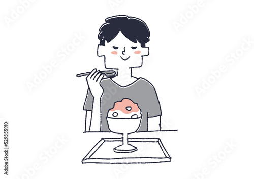 かき氷を食べる男性　美味しそうにスイーツを食べている人々
