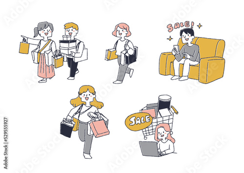 オンラインや実店舗のセールで買い向かう人々　コミカルな手書きの人物　ベクター、線画にカラー