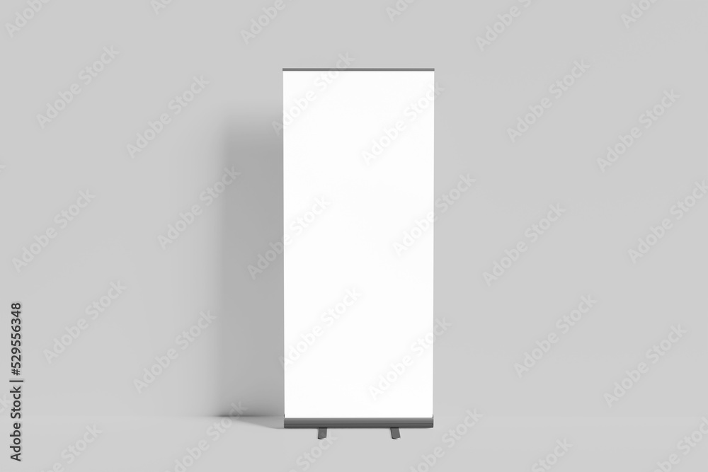 Blank white roll-up banner display mockup on gray background, isolated, 3d rendering. Ready to display your design Blank white roll-up banner display mockup on gray background, isolated, 3d rendering. Ready to display your design