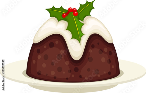 Vector illustration of holiday figgy pudding on a plate with a holly leaf garnish. photo