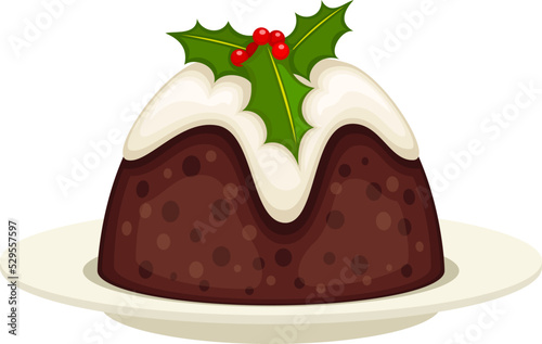 Vector illustration of holiday figgy pudding on a plate with a holly leaf garnish.