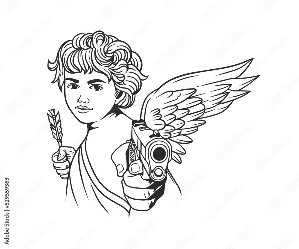 beautiful face cupid angel with wings, pointing gun and holding arrow
