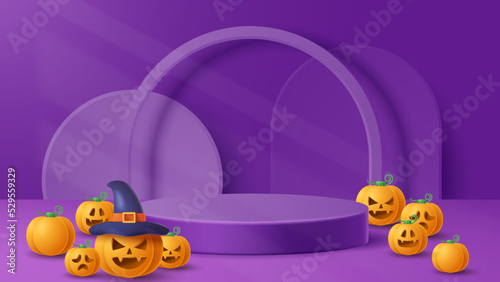 Halloween display podium decoration background with scary ornament. Vector 3D Illustration