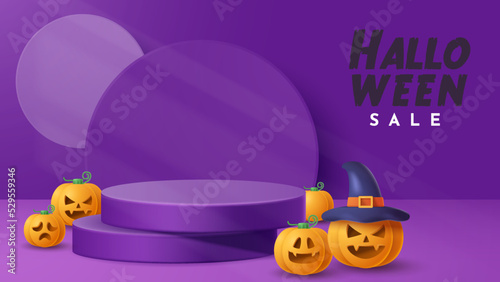 Halloween display podium decoration background with scary ornament. Vector 3D Illustration